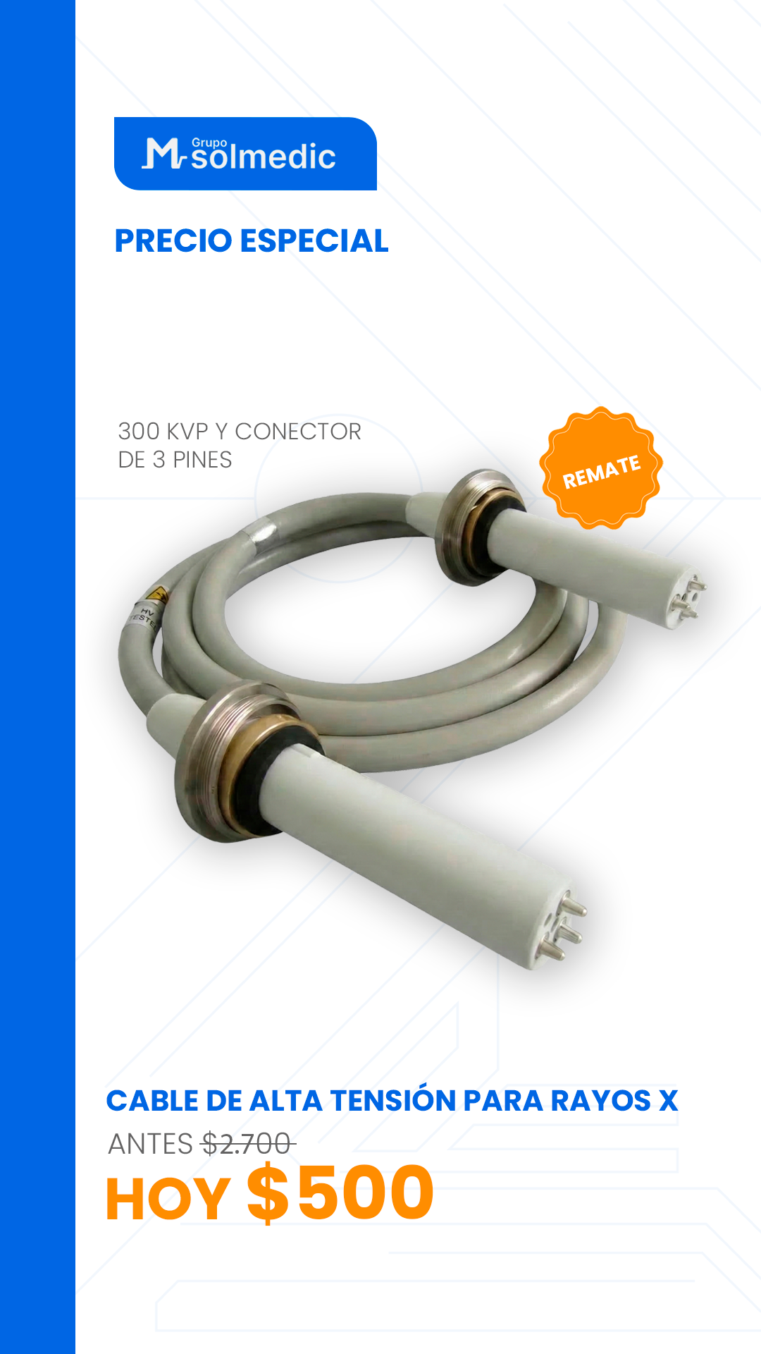 Cable de alta tensión para rayos X | General Electric | HV Cable R28 | 300 kVp y conector de 3 pines